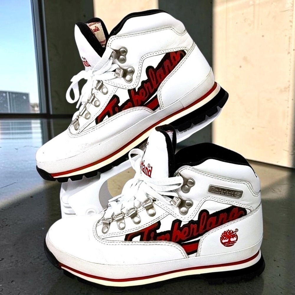 VTG 00s Timberland Men's White Red Leather Mid Boots Embroidered Streetwear 7.5M